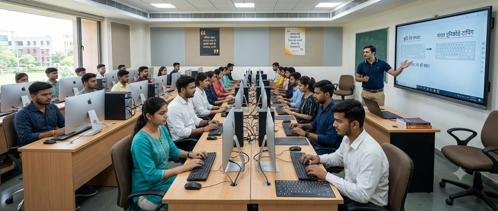 Hero Banner Prompt  Professional typing training classroom where candidates prepare for English typing tests for government exams. Instructor guiding students while computer screens display typing progress. Bright, realistic, corporate educational photography.